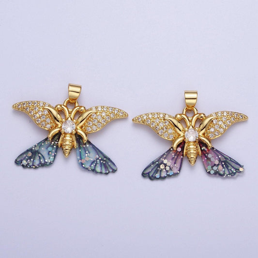 Gold cz blue & fuchsia butterfly insect pendant, 24k gold plated micro paved marquise cz resin beautiful sparkly butterfly charm | h-641