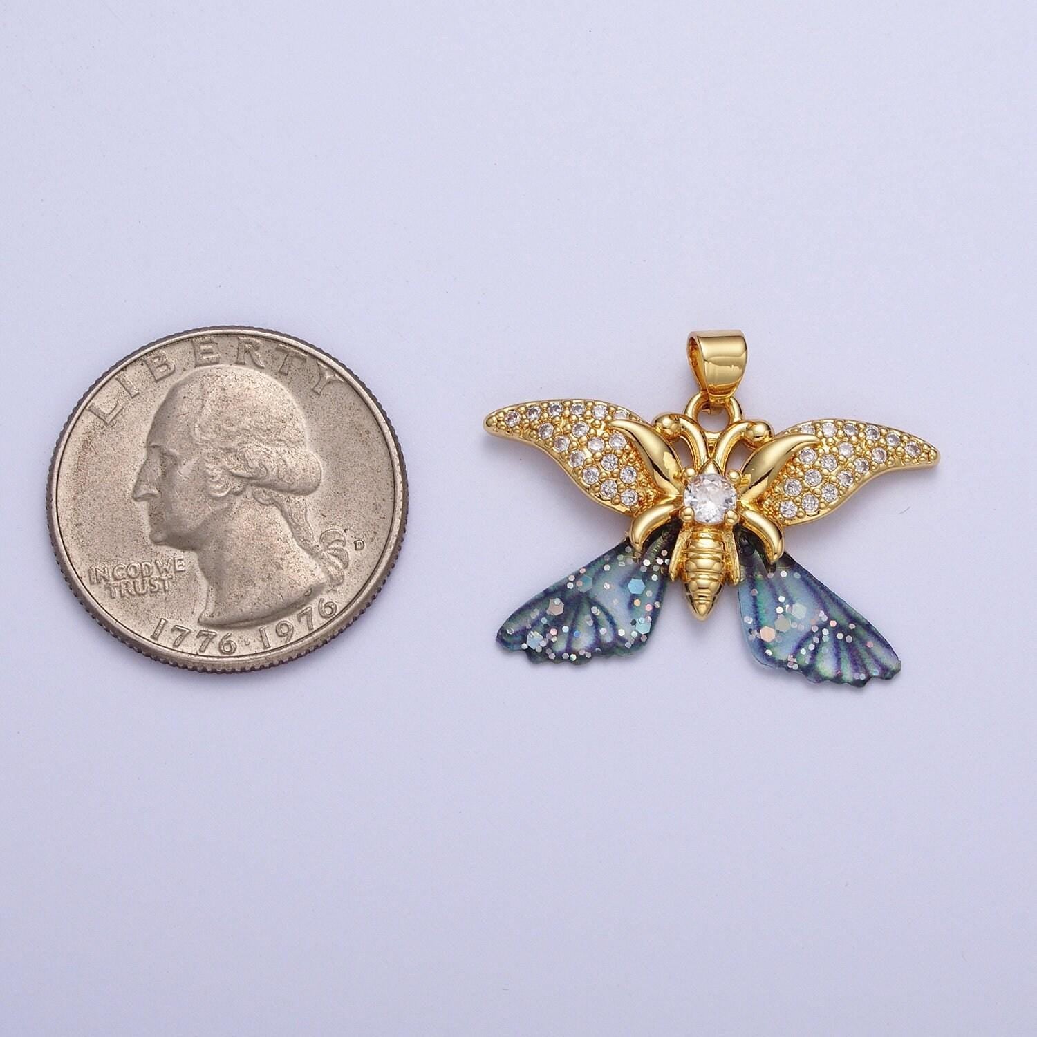 Gold cz blue & fuchsia butterfly insect pendant, 24k gold plated micro paved marquise cz resin beautiful sparkly butterfly charm | h-641