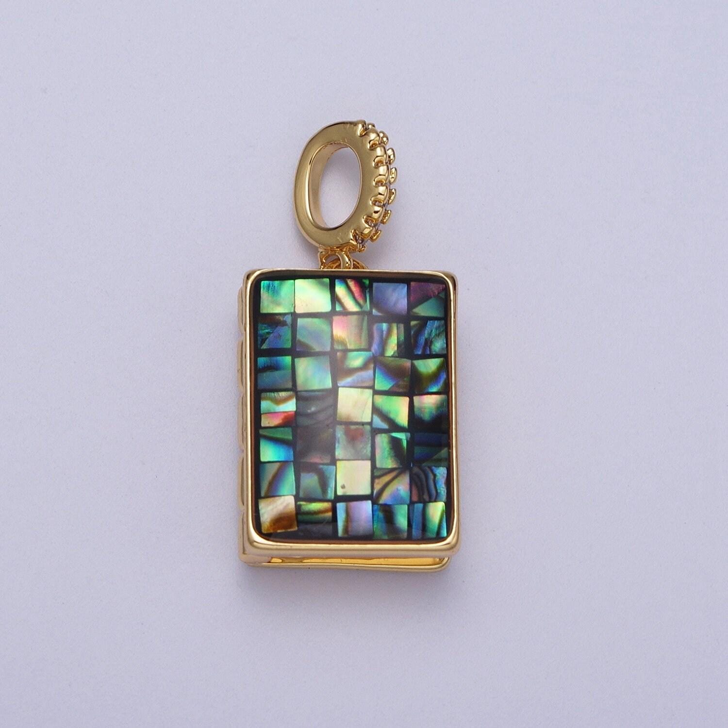 Gold square locket pendant lady guadalupe charm marian cross abalone, green, pink, white, shell opal book locket pendant h-139