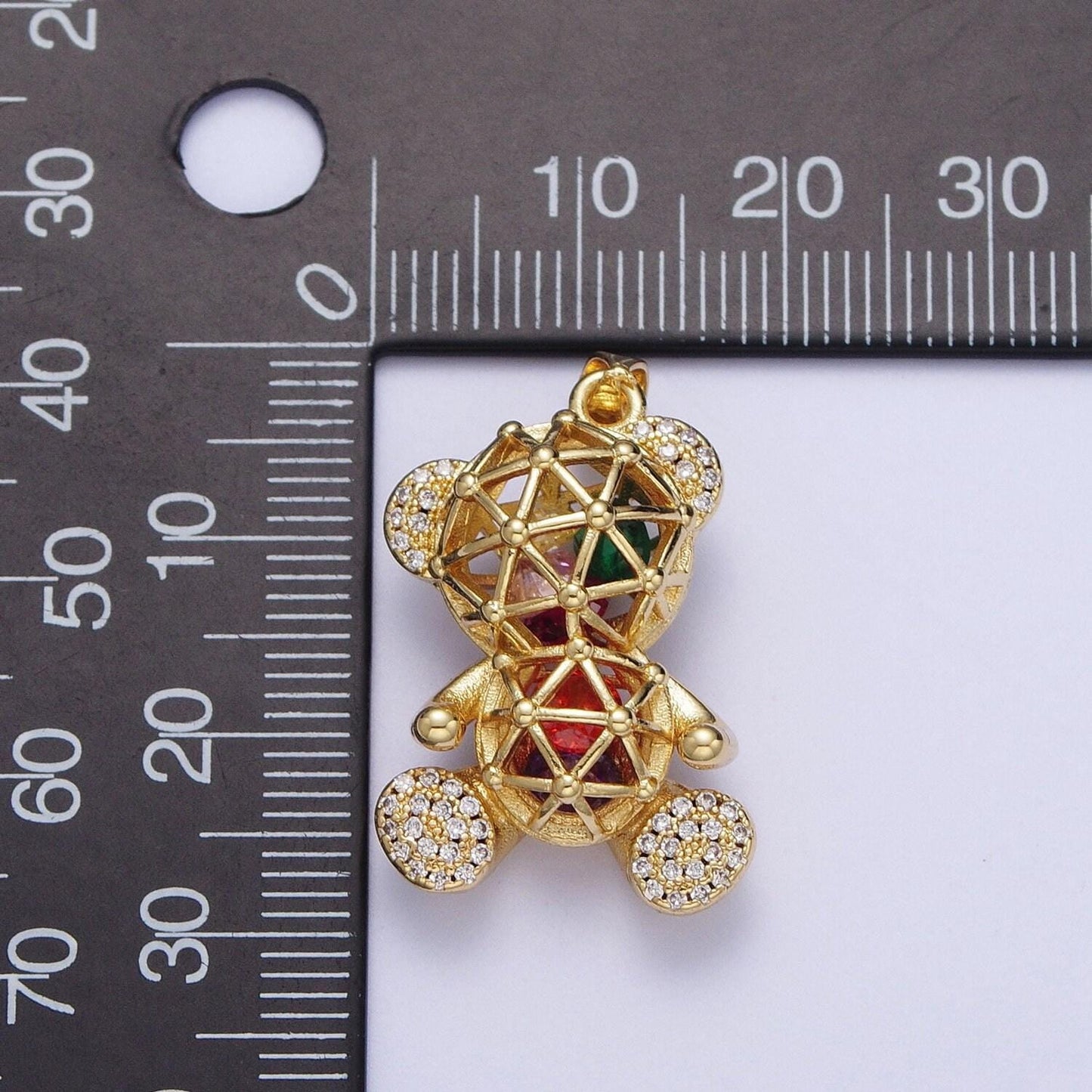 Gold triangles geometric cz teddy bear pendant, 24k gold filled colorful micro paved cz cute teddy bear charm | x-532