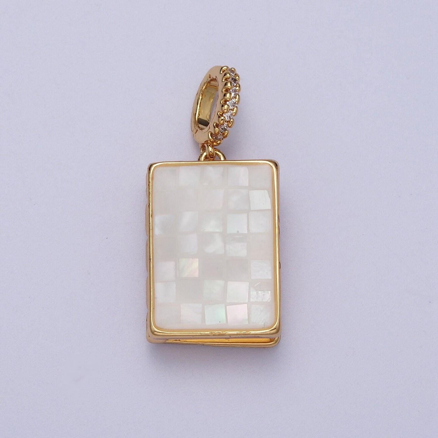 Gold square locket pendant lady guadalupe charm marian cross abalone, green, pink, white, shell opal book locket pendant h-139