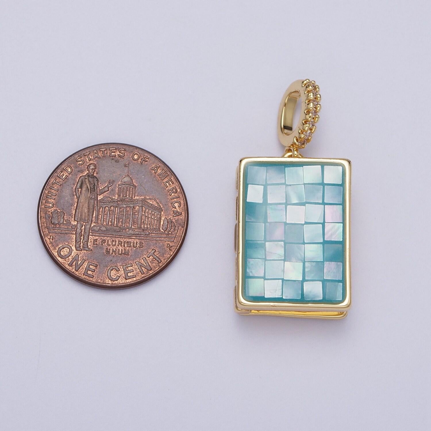 Gold square locket pendant lady guadalupe charm marian cross abalone, green, pink, white, shell opal book locket pendant h-139