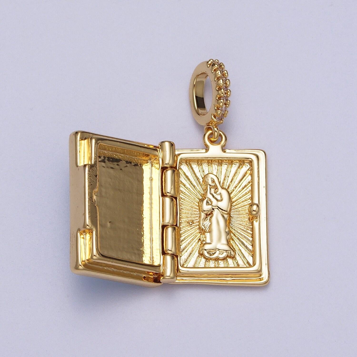 Gold square locket pendant lady guadalupe charm marian cross abalone, green, pink, white, shell opal book locket pendant h-139