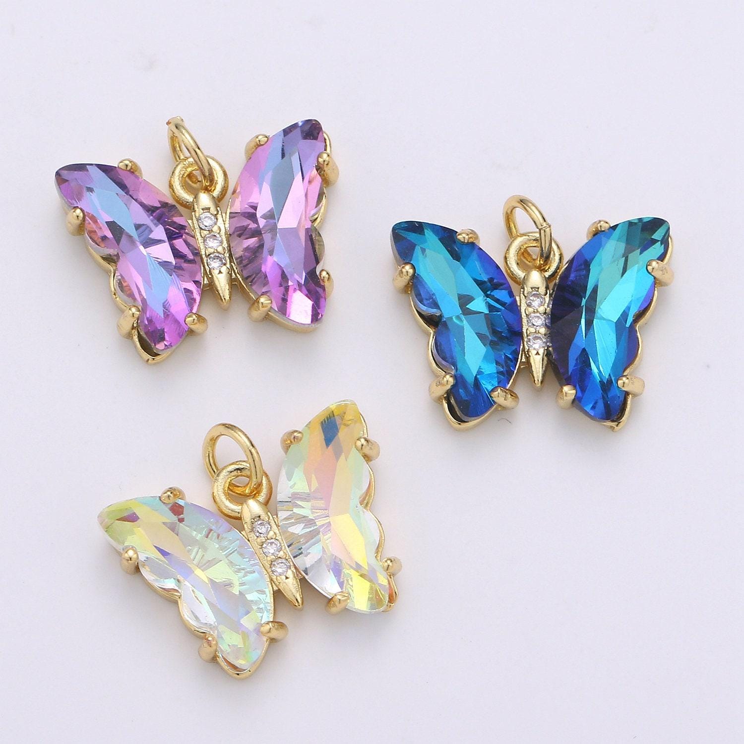 1pc tiny clear, blue, rainbow wings butterfly 24k gold micro pave cz mariposa pendant charm pendant,chgf-1990, 1991, 1992