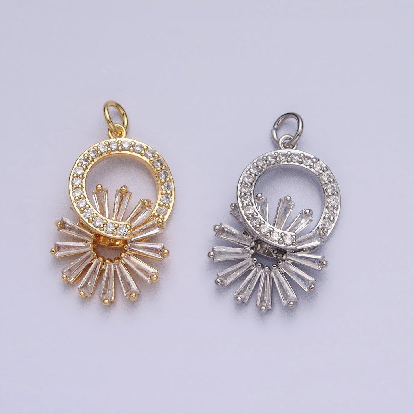 16k gold filled micro paved cz round sun baguette dangle drop charm in gold & silver | ac958 ac959