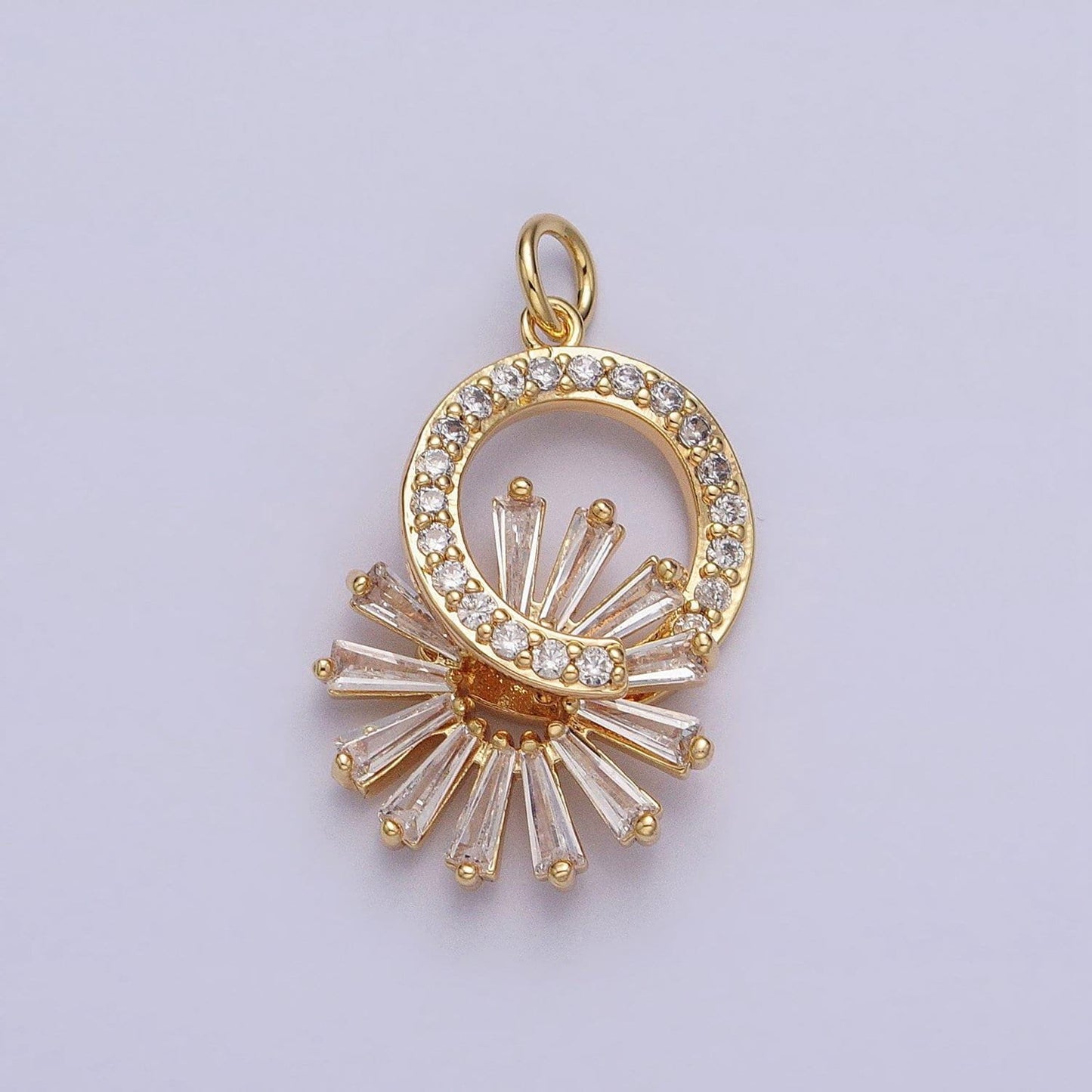 16k gold filled micro paved cz round sun baguette dangle drop charm in gold & silver | ac958 ac959