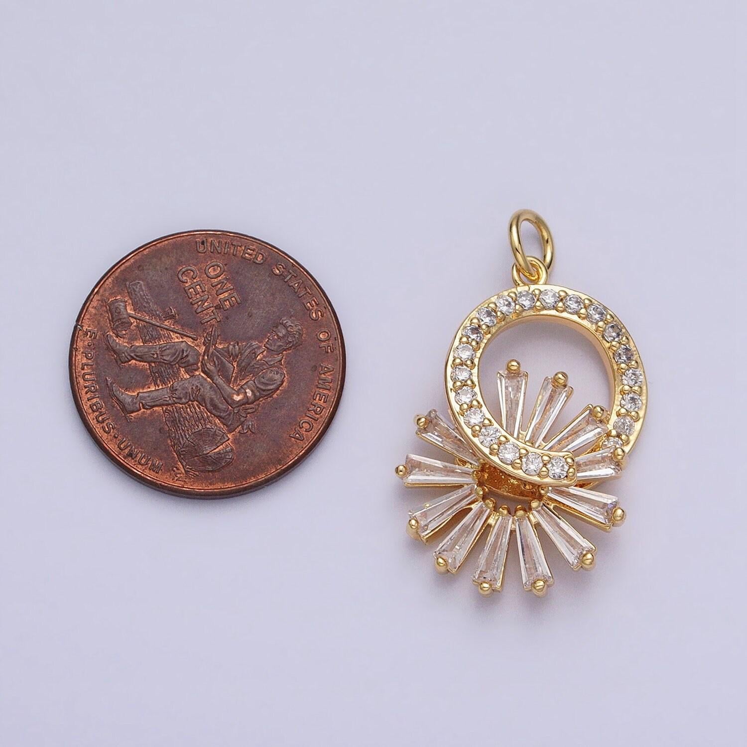 16k gold filled micro paved cz round sun baguette dangle drop charm in gold & silver | ac958 ac959