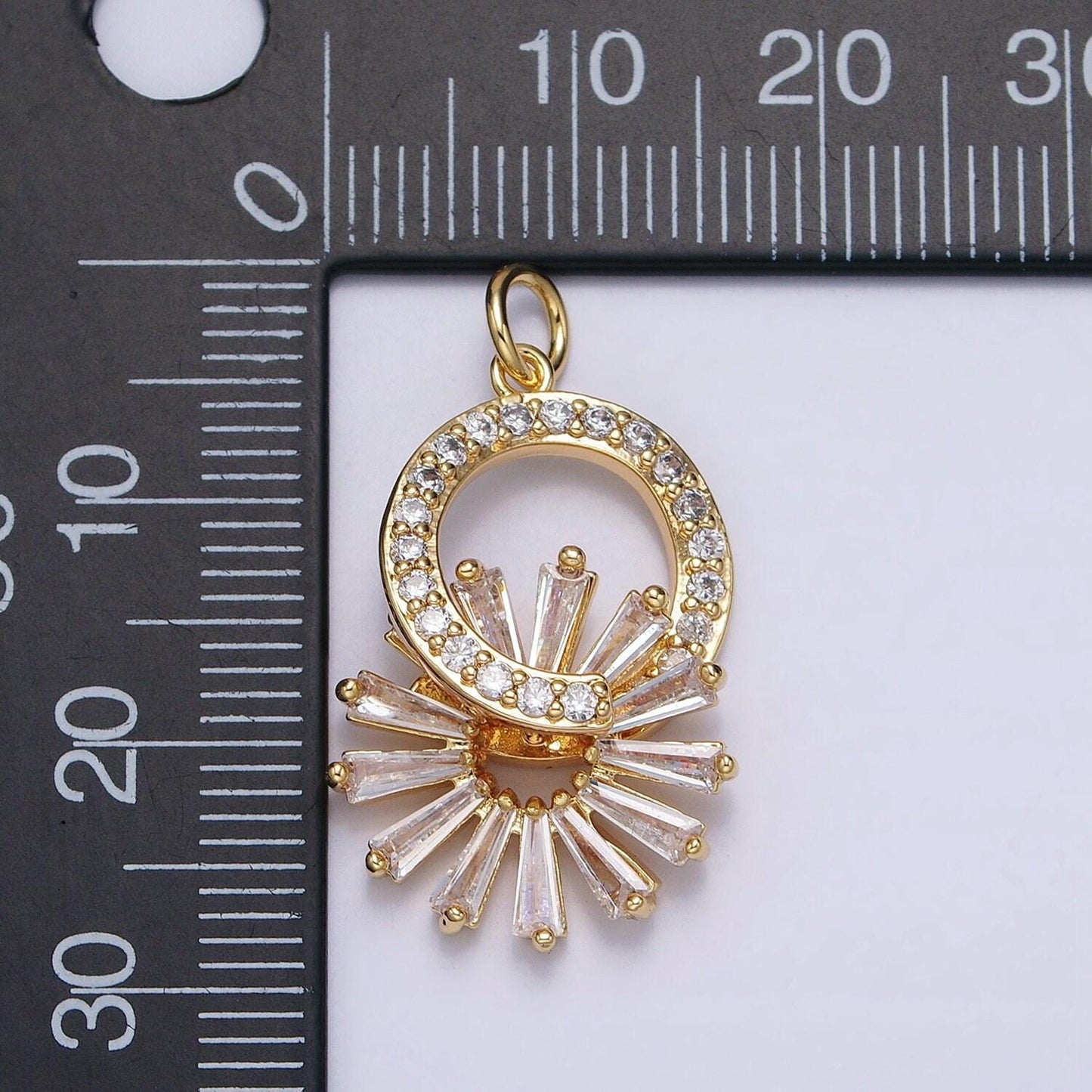 16k gold filled micro paved cz round sun baguette dangle drop charm in gold & silver | ac958 ac959