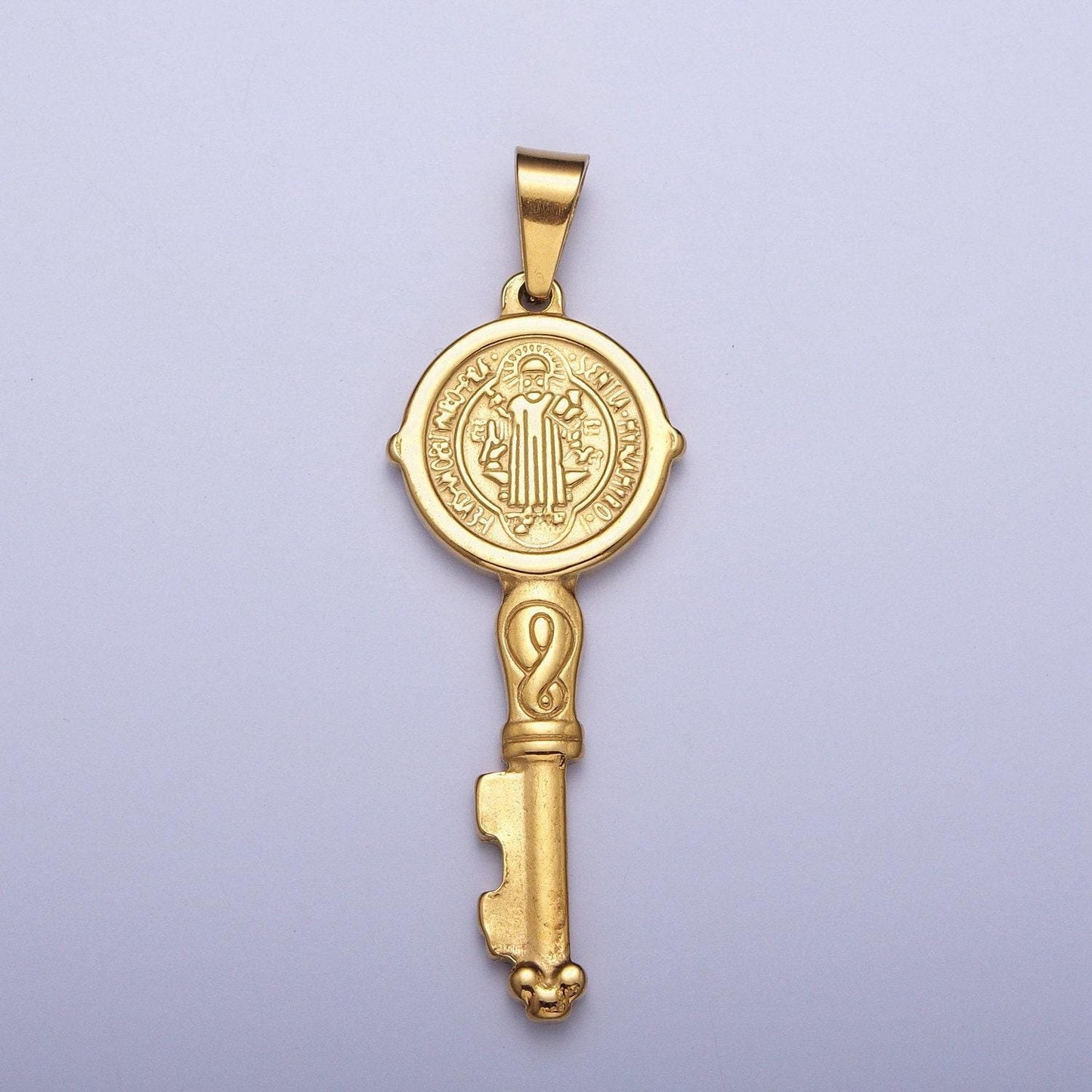 Double-sided gold st. benedict key pendant, 24k gold filled stainless steel embossed 60.0mm x 20.4mm san benito simple key charm | x-648