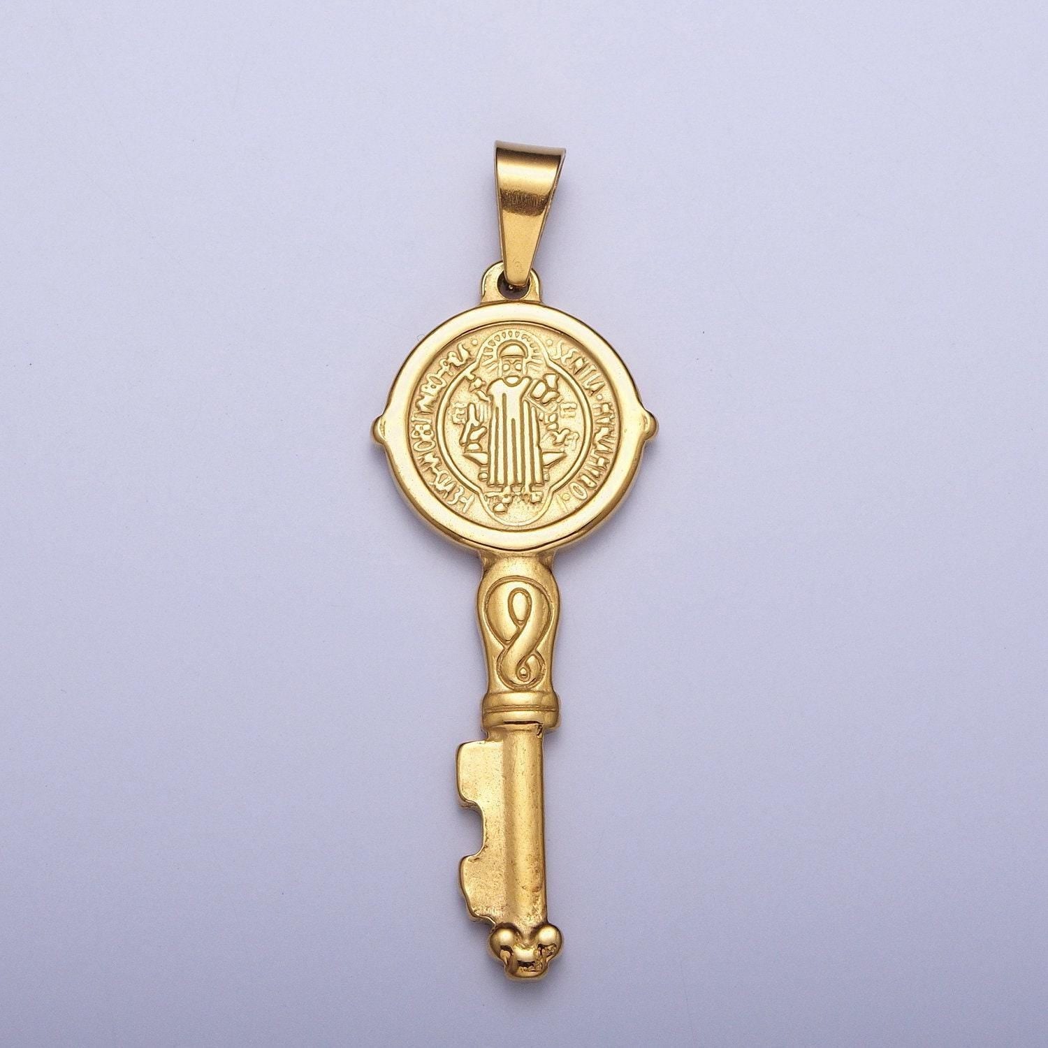 Double-sided gold st. benedict key pendant, 24k gold filled stainless steel embossed 60.0mm x 20.4mm san benito simple key charm | x-648