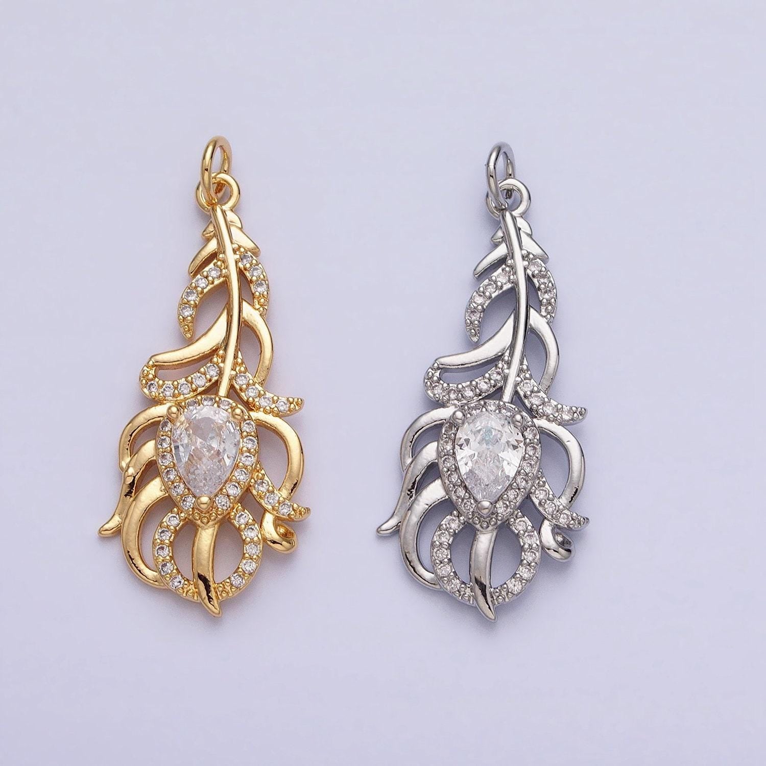 Silver gold peacock feather pendant tear drop cz stone clear micro pave charms for jewelry making | ac966