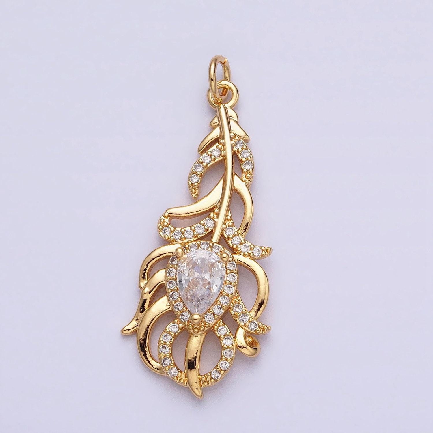 Silver gold peacock feather pendant tear drop cz stone clear micro pave charms for jewelry making | ac966