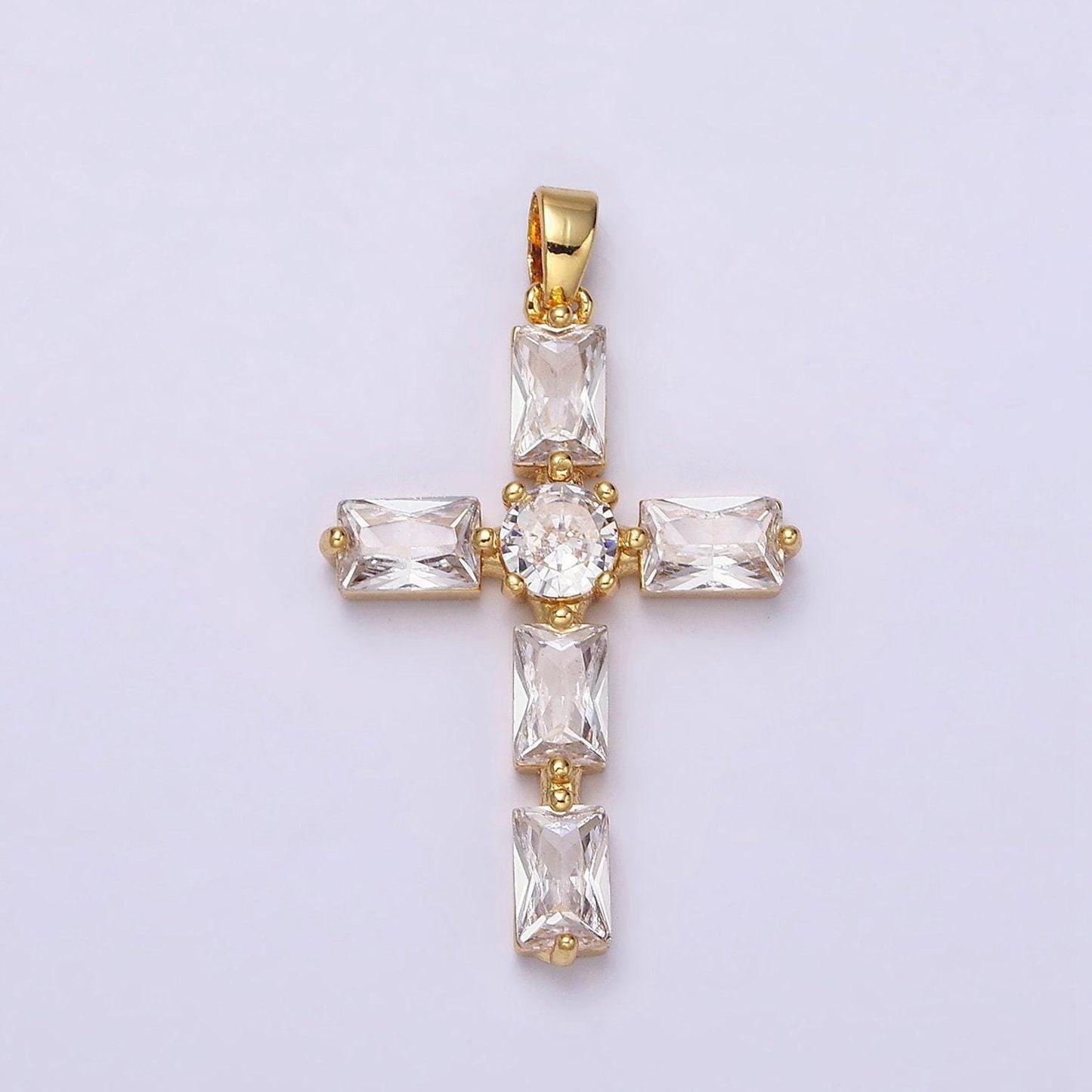 24k gold filled cubic zirconia pink, clear baguette dotted religious cross in silver & gold necklace pendant | aa543 - aa546