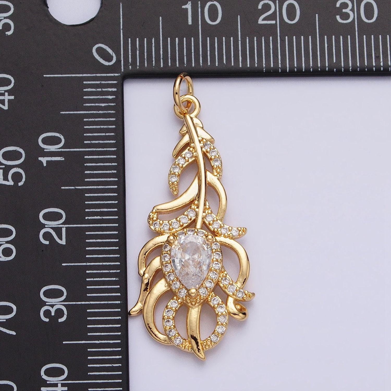 Silver gold peacock feather pendant tear drop cz stone clear micro pave charms for jewelry making | ac966