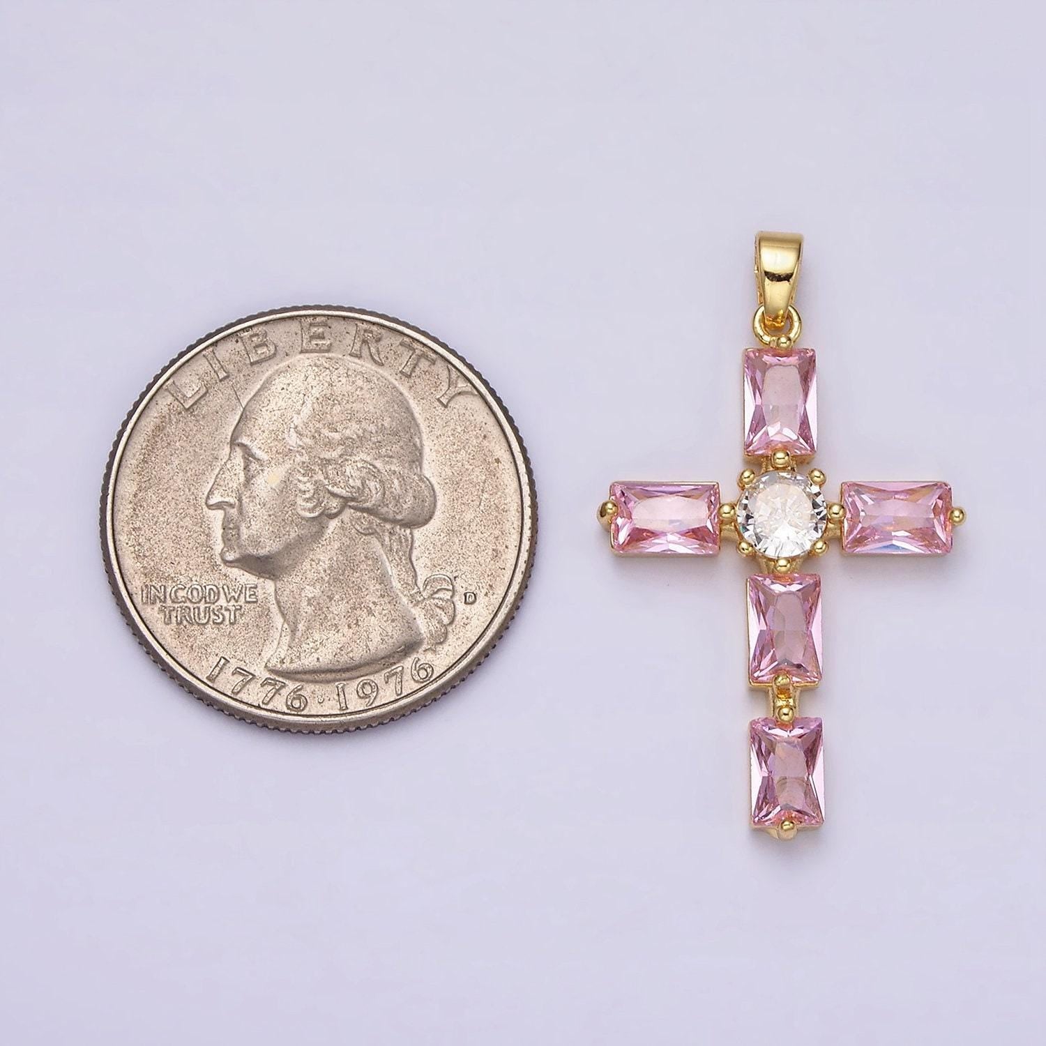 24k gold filled cubic zirconia pink, clear baguette dotted religious cross in silver & gold necklace pendant | aa543 - aa546
