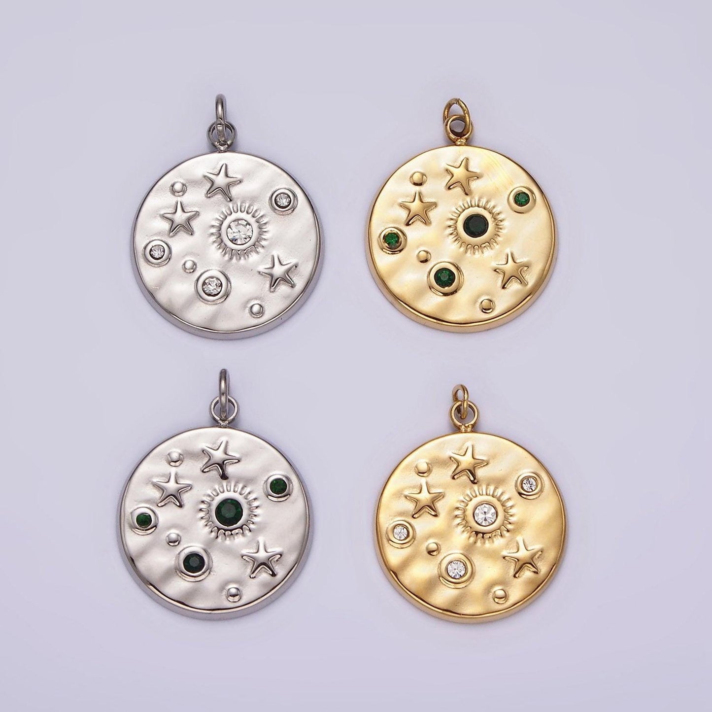 Stainless steel clear, green cz celestial sun star hammered round charm in gold & silver | p674 - p677