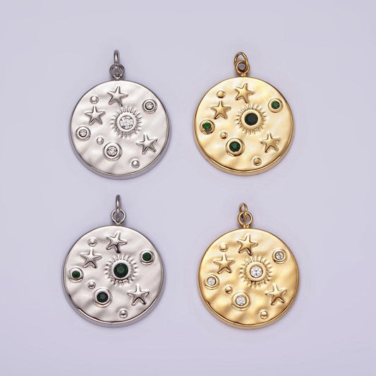 Stainless steel clear, green cz celestial sun star hammered round charm in gold & silver | p675