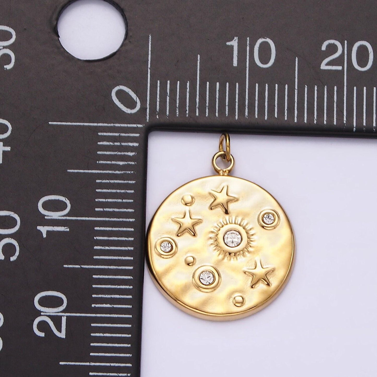 Stainless steel clear, green cz celestial sun star hammered round charm in gold & silver | p674 - p677