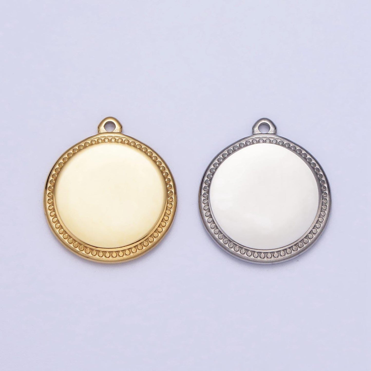 Dainty stainless steel round charm in gold & silver circle medallion pendant lead nickel free tarnish free | p-904