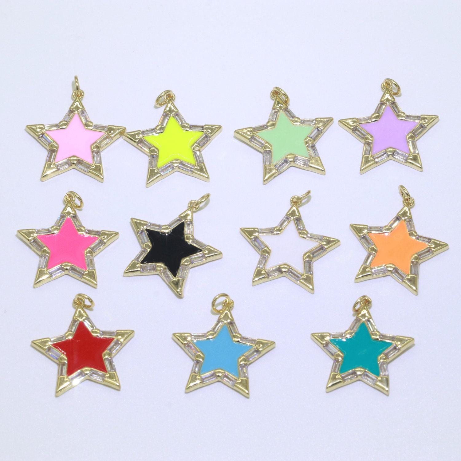 Colorful enamel star charm pendant, red yellow pink green blue enamel cubic pendant, 14k gold filled celestial jewelry making supply