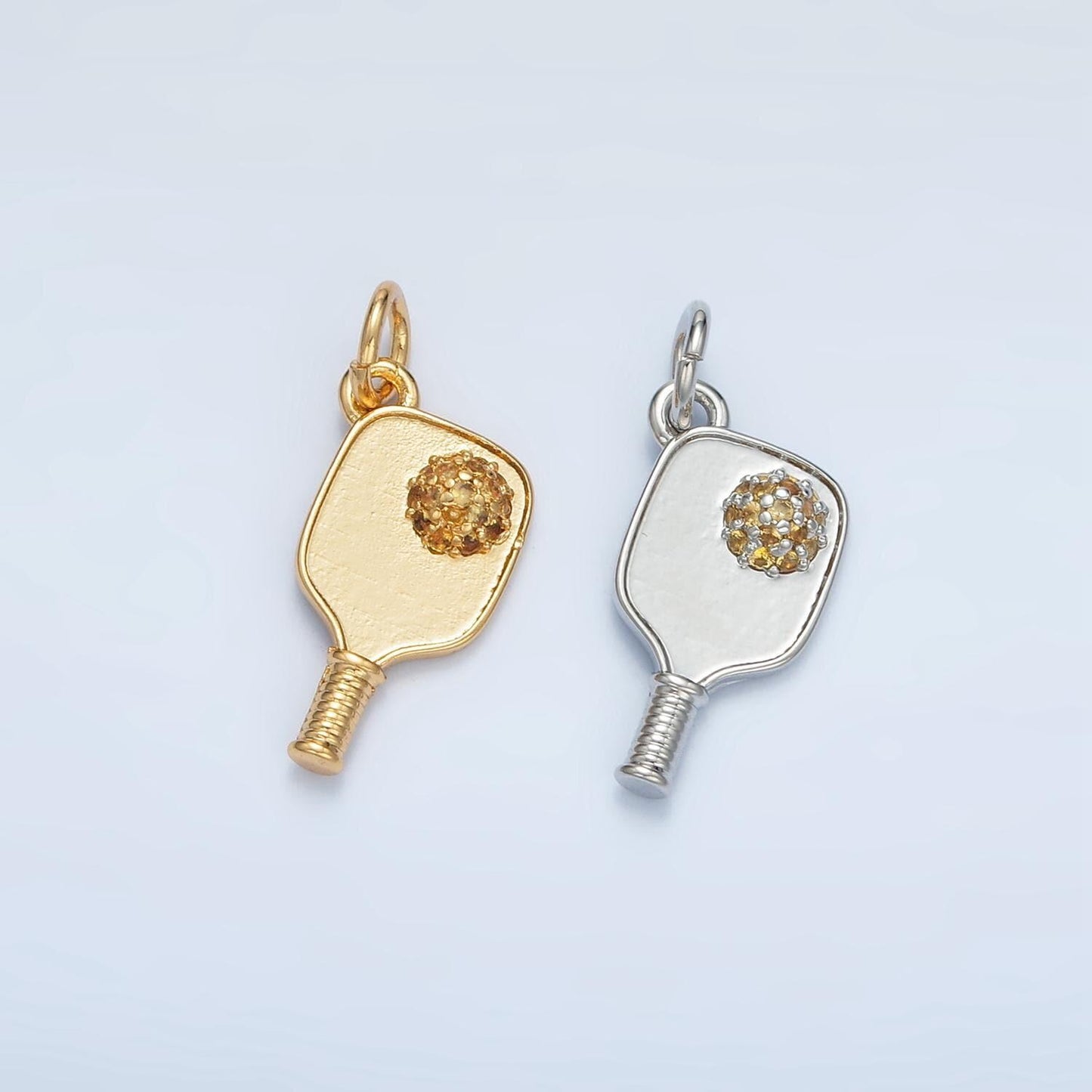 Minimalist pickle ball charm in 24k gold filled pendant sports paddle with cz ball pendant for bracelet necklace supply d620