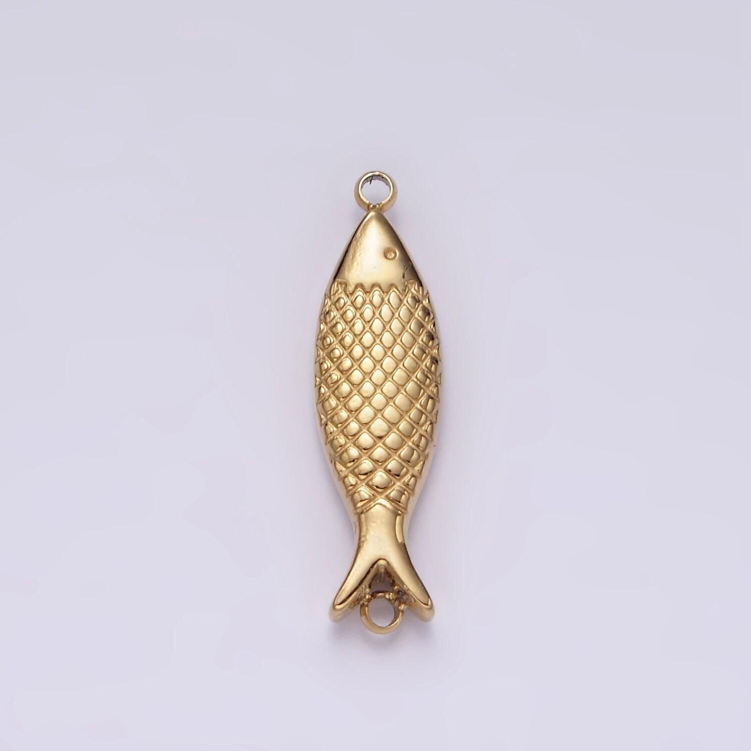 Stainless steel 6mm fish scale-textured connector in gold & silver sardine fish charm | p1343