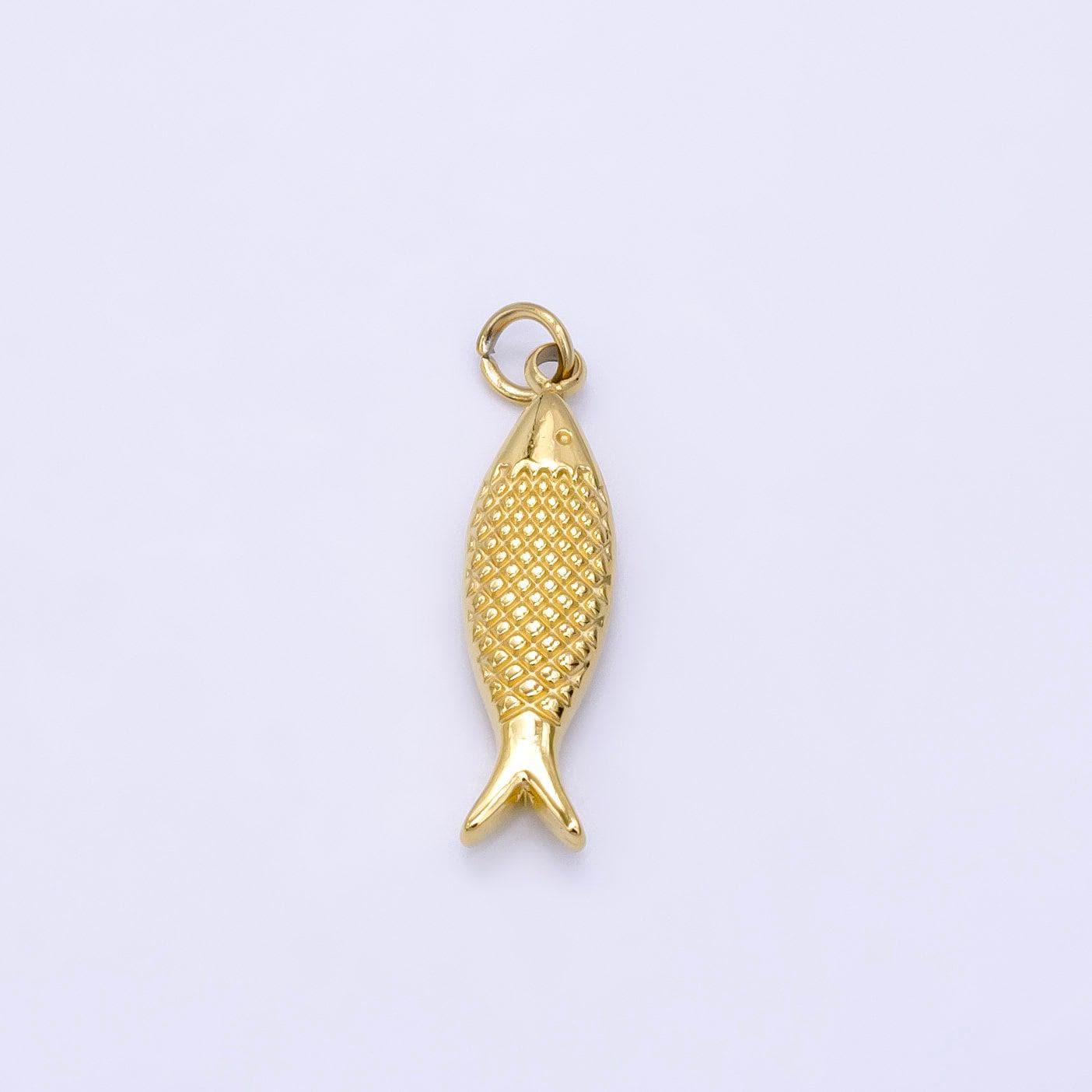 Stainless steel 21mm fish scale-textured minimalist charm in gold sardine fish pendant | p1424 copy