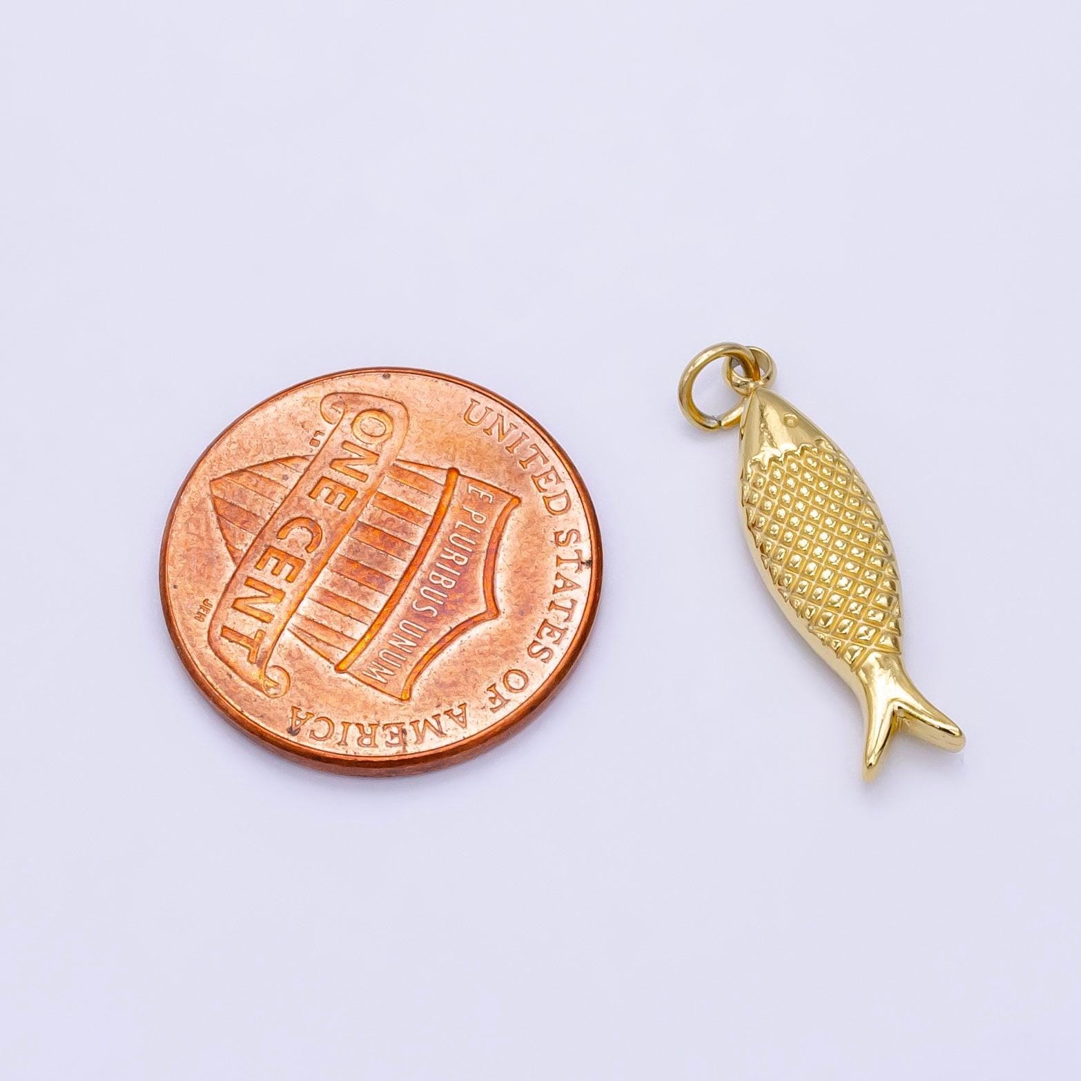 Stainless steel 21mm fish scale-textured minimalist charm in gold sardine fish pendant | p1424 copy