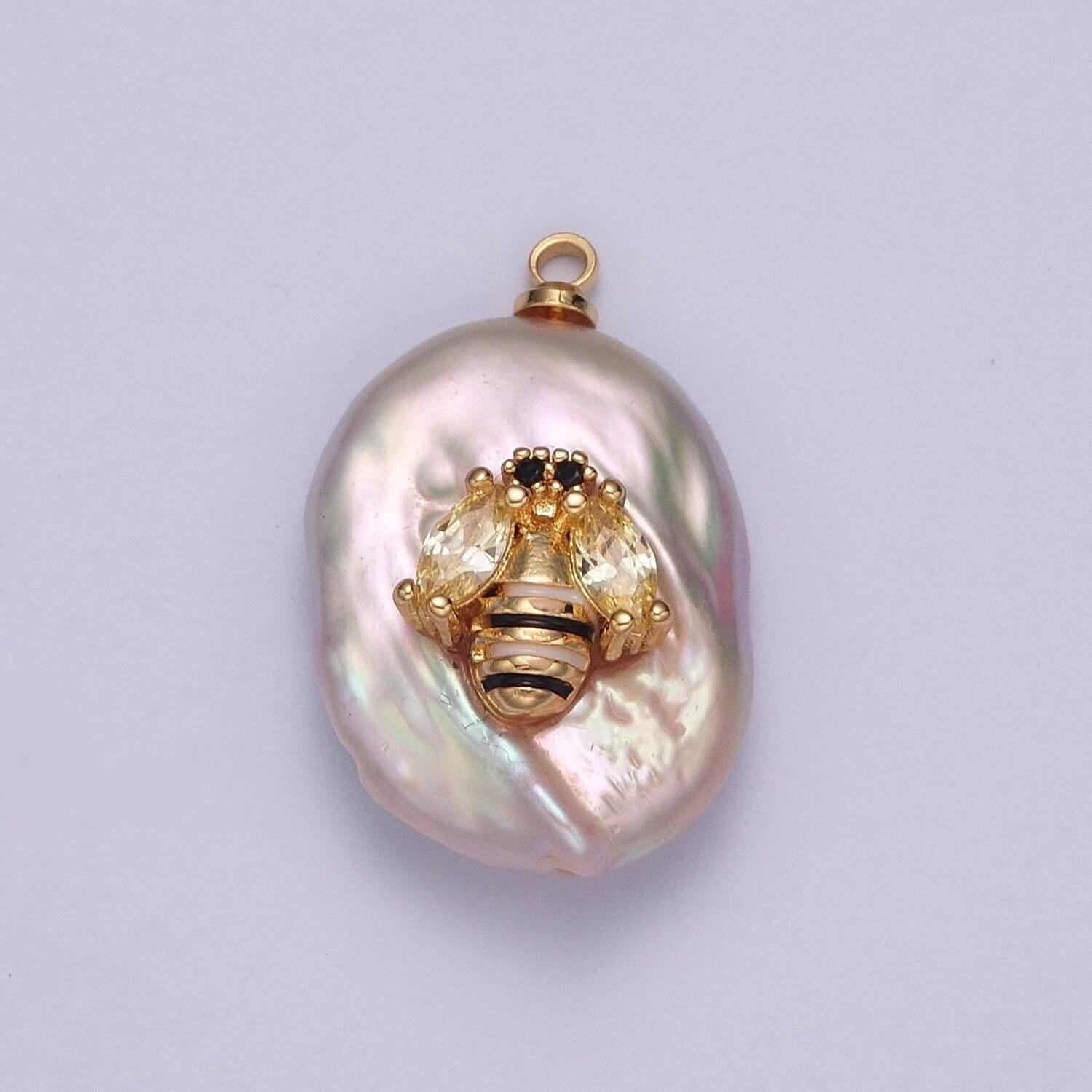 1pc white pearl bee pendant, enamel stripes, micro pave cz bee wings, artificial white pearl honeybee queen bee pendant | x-155