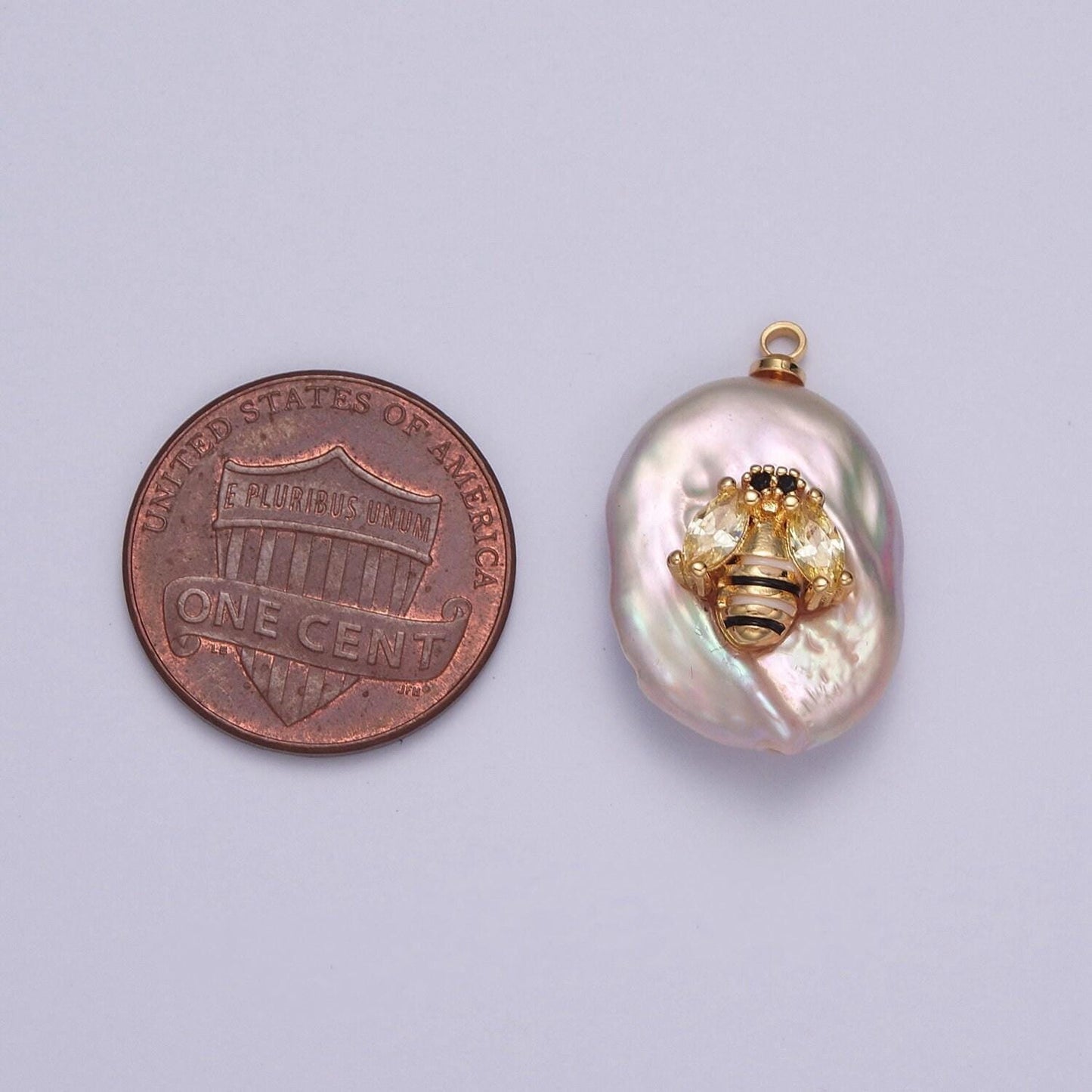 1pc white pearl bee pendant, enamel stripes, micro pave cz bee wings, artificial white pearl honeybee queen bee pendant | x-155