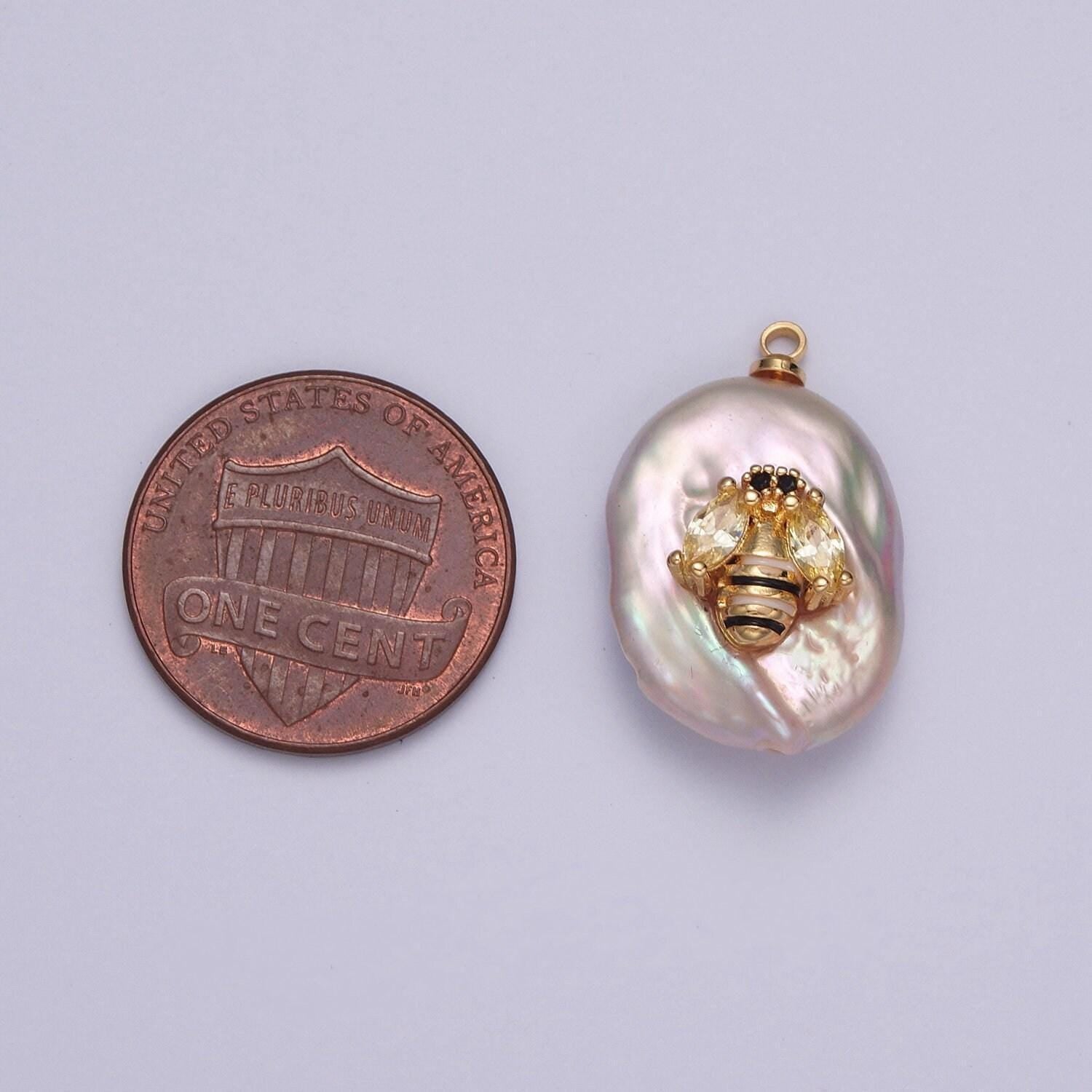 1pc white pearl bee pendant, enamel stripes, micro pave cz bee wings, artificial white pearl honeybee queen bee pendant | x-155