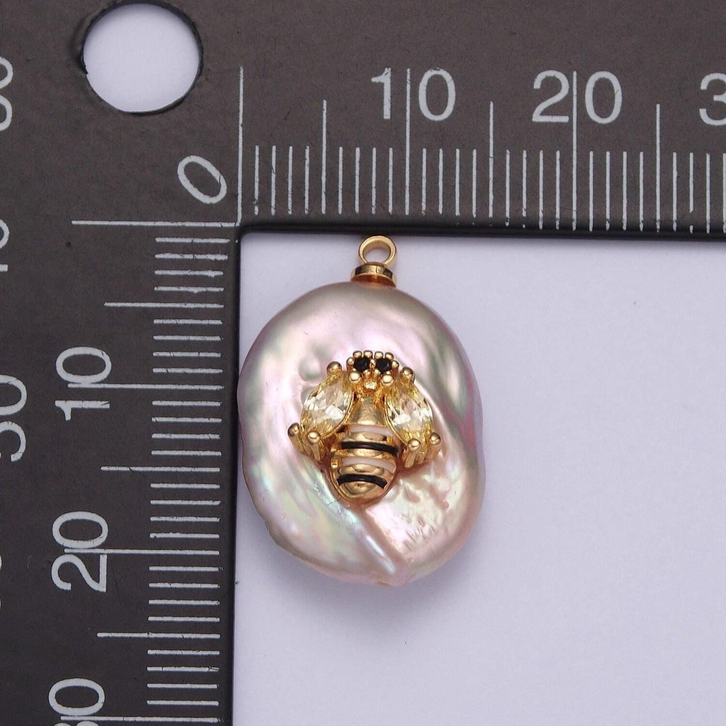1pc white pearl bee pendant, enamel stripes, micro pave cz bee wings, artificial white pearl honeybee queen bee pendant | x-155