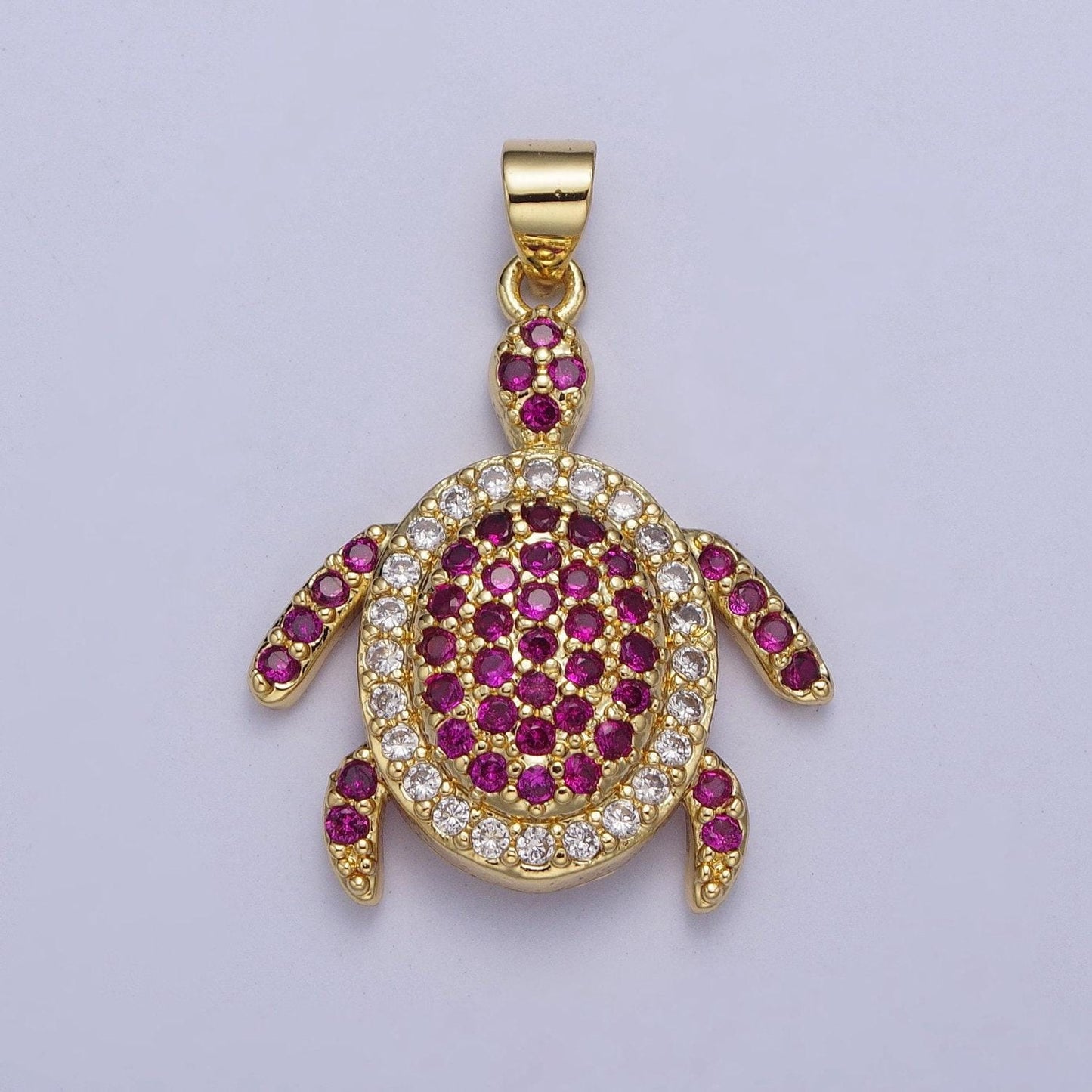 Gold turtle dark magenta micropave cz pendant, 24k gold filled tortoise dark magenta cubic zirconia paved charm, gold cz mini turtle | x-420