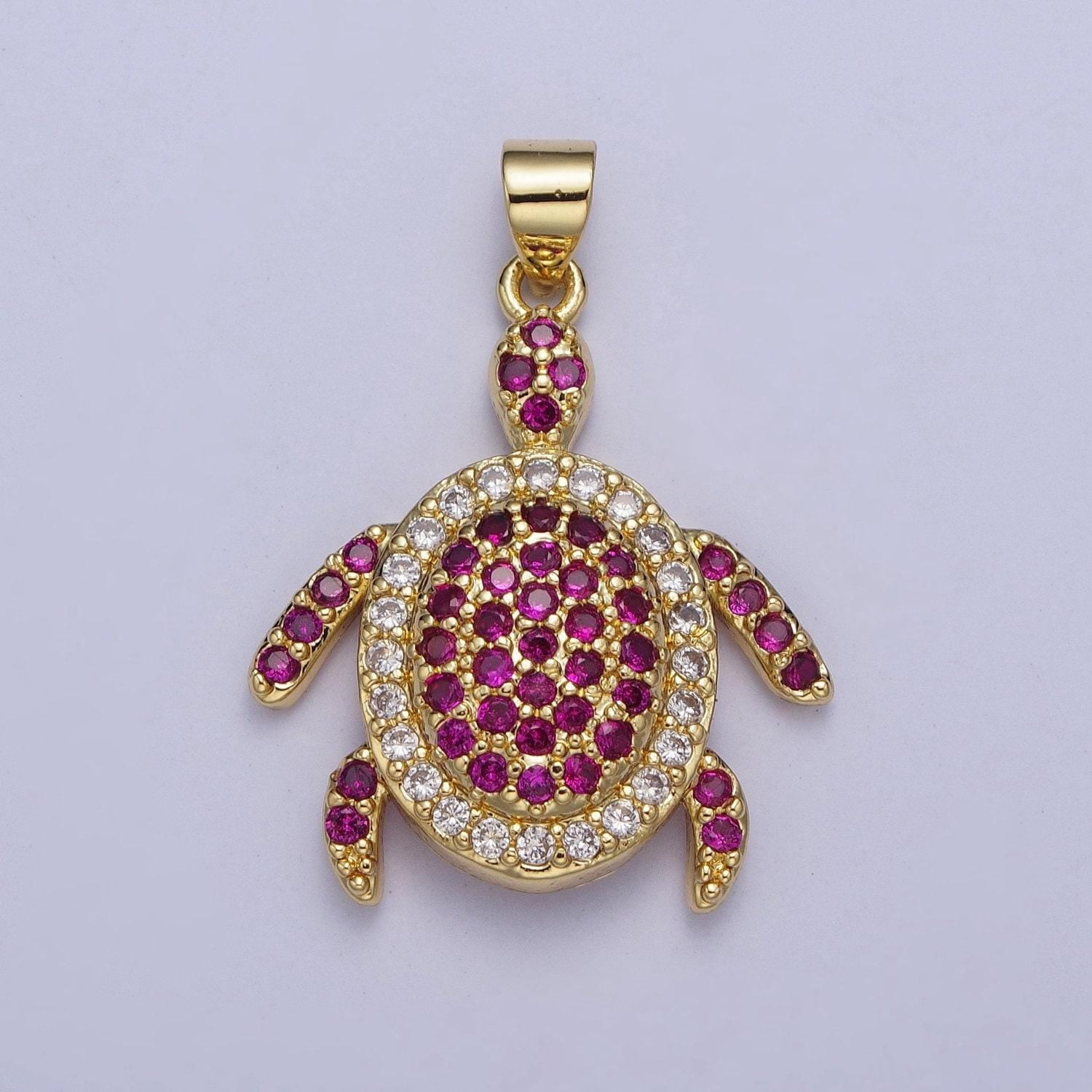 Gold turtle dark magenta micropave cz pendant, 24k gold filled tortoise dark magenta cubic zirconia paved charm, gold cz mini turtle | x-420