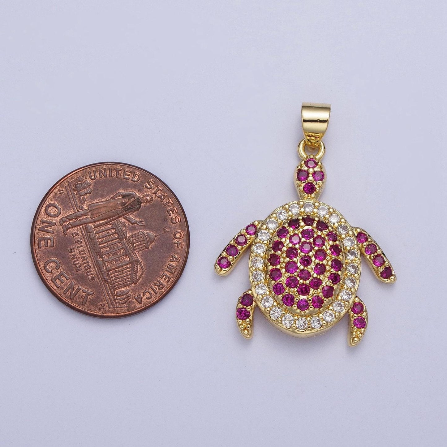 Gold turtle dark magenta micropave cz pendant, 24k gold filled tortoise dark magenta cubic zirconia paved charm, gold cz mini turtle | x-420