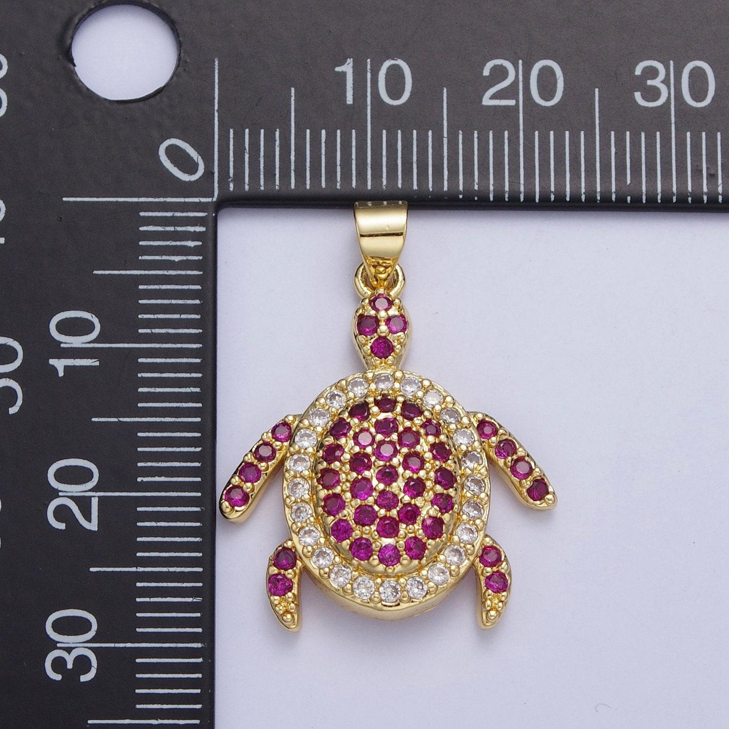 Gold turtle dark magenta micropave cz pendant, 24k gold filled tortoise dark magenta cubic zirconia paved charm, gold cz mini turtle | x-420