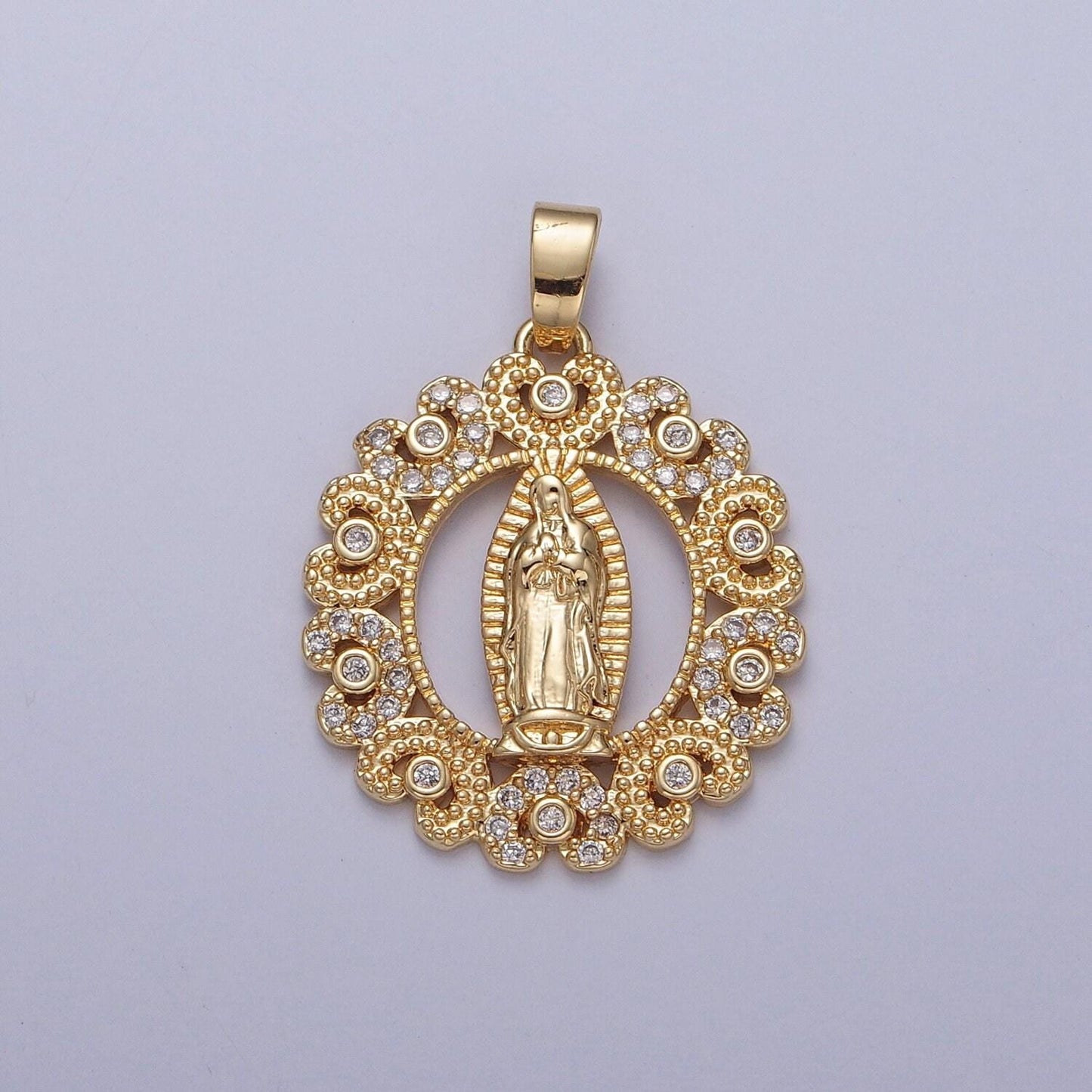 Virgin mary round circular pendant in clear or multi color cz 24k gold filled | diy fashion charm necklace bracelet earring | x-320. x-321