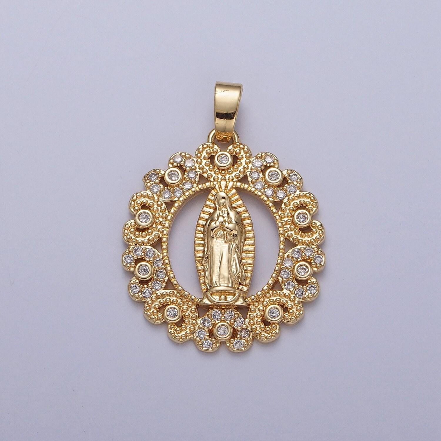 Virgin mary round circular pendant in clear or multi color cz 24k gold filled | diy fashion charm necklace bracelet earring | x-320. x-321
