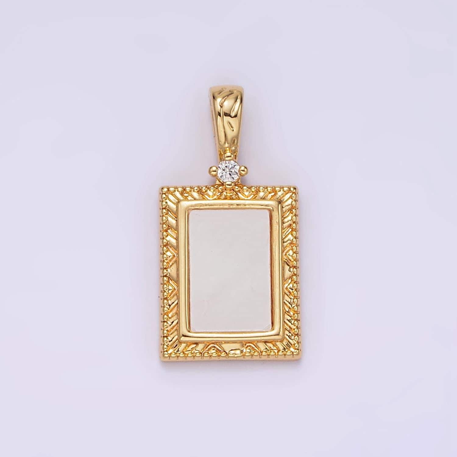 14k gold filled shell pearl line-textured textured rectangular clear cz tag pendant | n1799