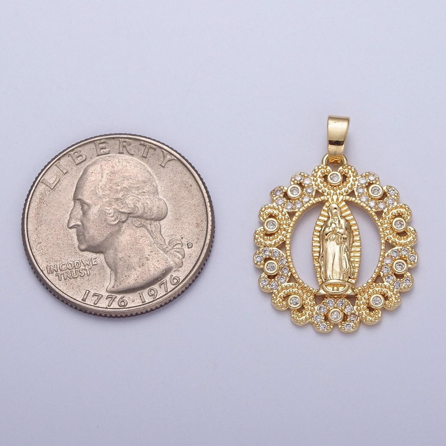 Virgin mary round circular pendant in clear or multi color cz 24k gold filled | diy fashion charm necklace bracelet earring | x-320. x-321