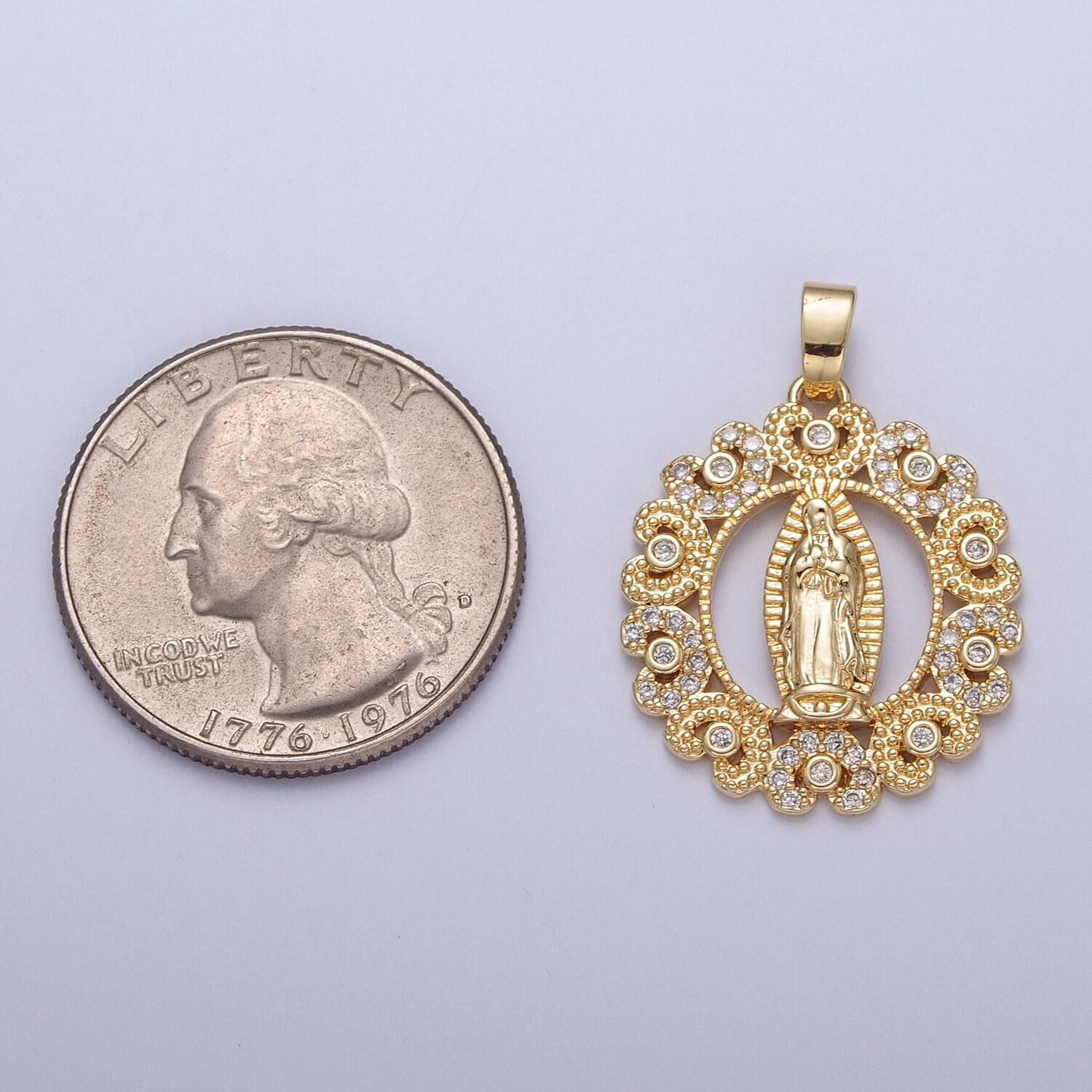 Virgin mary round circular pendant in clear or multi color cz 24k gold filled | diy fashion charm necklace bracelet earring | x-320. x-321