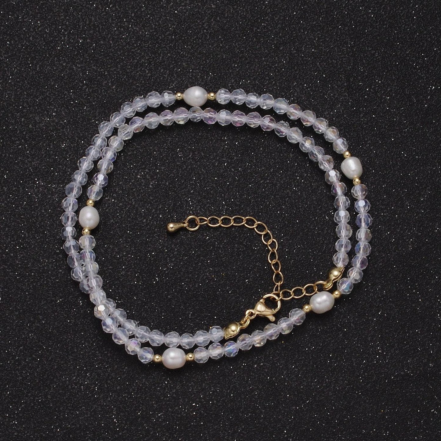 Pearl with clear glass beaded necklace, clear faceted rondell beads necklace | wa-610