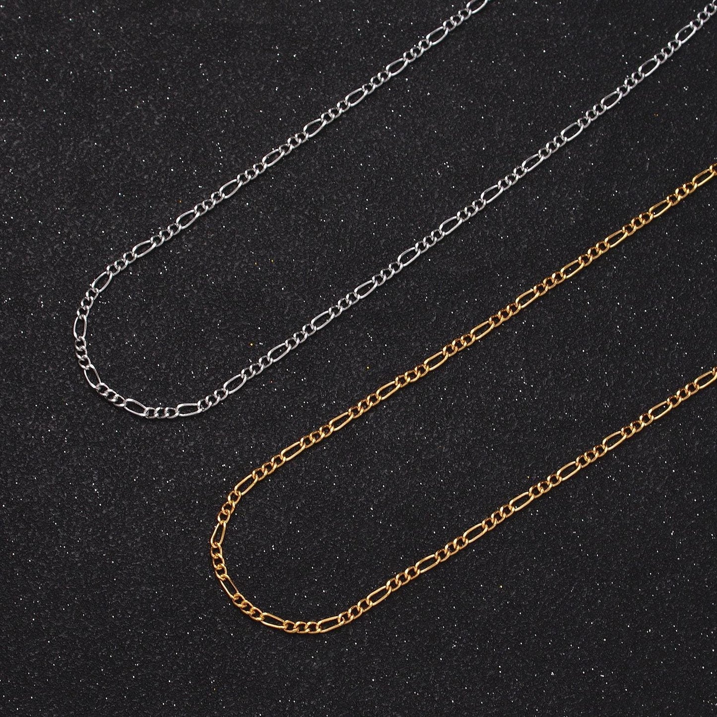24k gold filled unfinished figaro gold & silver chain, dainty 2mm width wholesale bulk jewelry making chain by yard | roll-980, roll-981