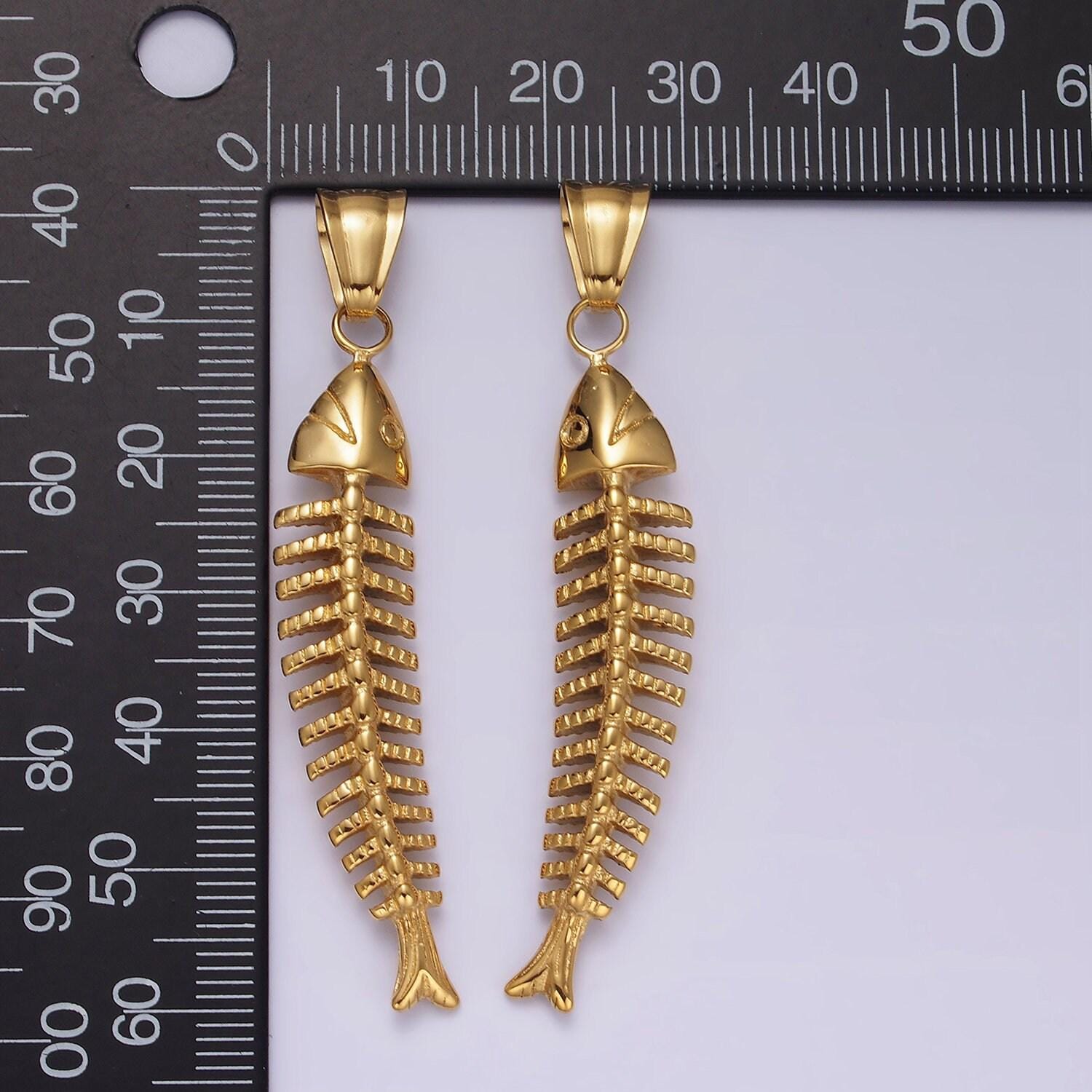 Stainless steel gold fish necklace pendant fish bone charm for statement necklace p1067