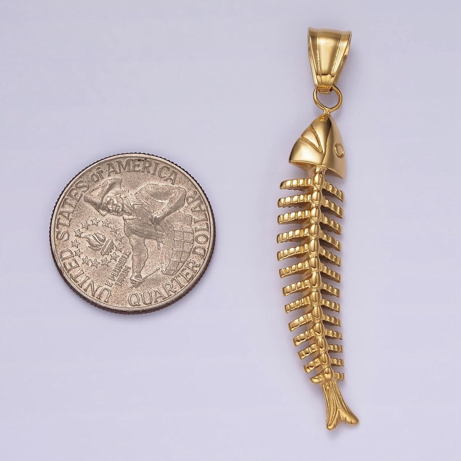 Stainless steel gold fish necklace pendant fish bone charm for statement necklace p1067