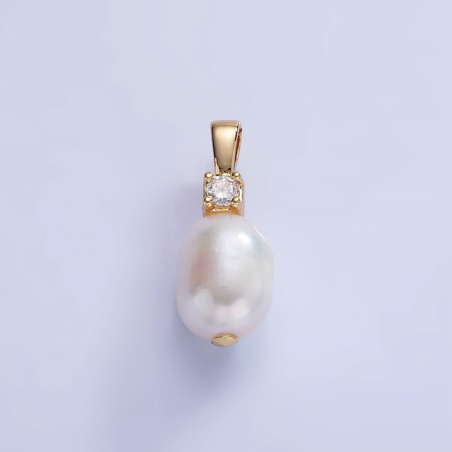14k gold filled 20mm freshwater pearl oval cz pendant | p-1726