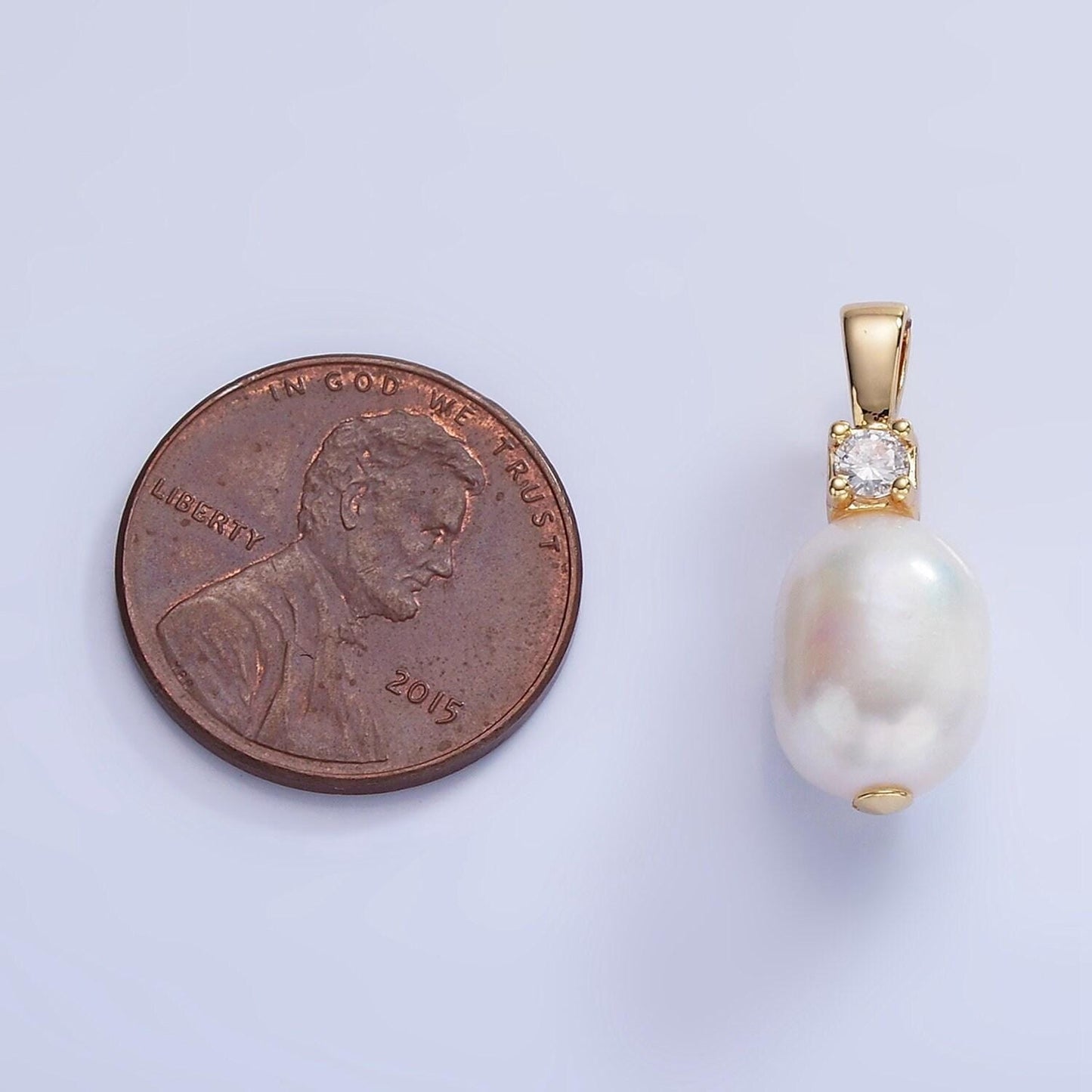 14k gold filled 20mm freshwater pearl oval cz pendant | p-1726