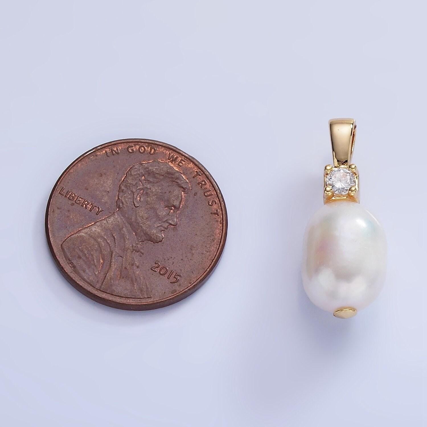 14k gold filled 20mm freshwater pearl oval cz pendant | p-1726