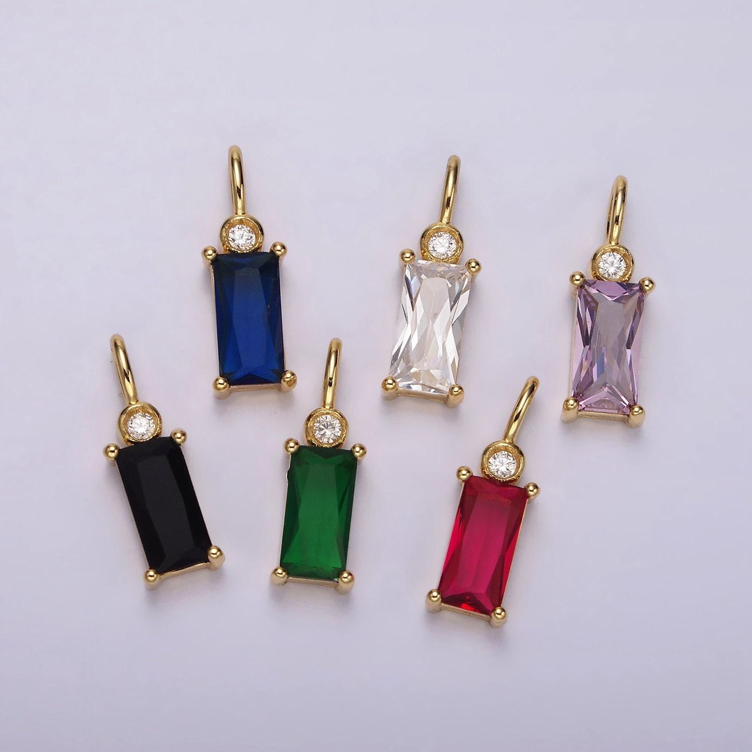 14k gold filled clear, purple, fuchsia, green, blue, black baguette cz pendant | n1955 - n1960