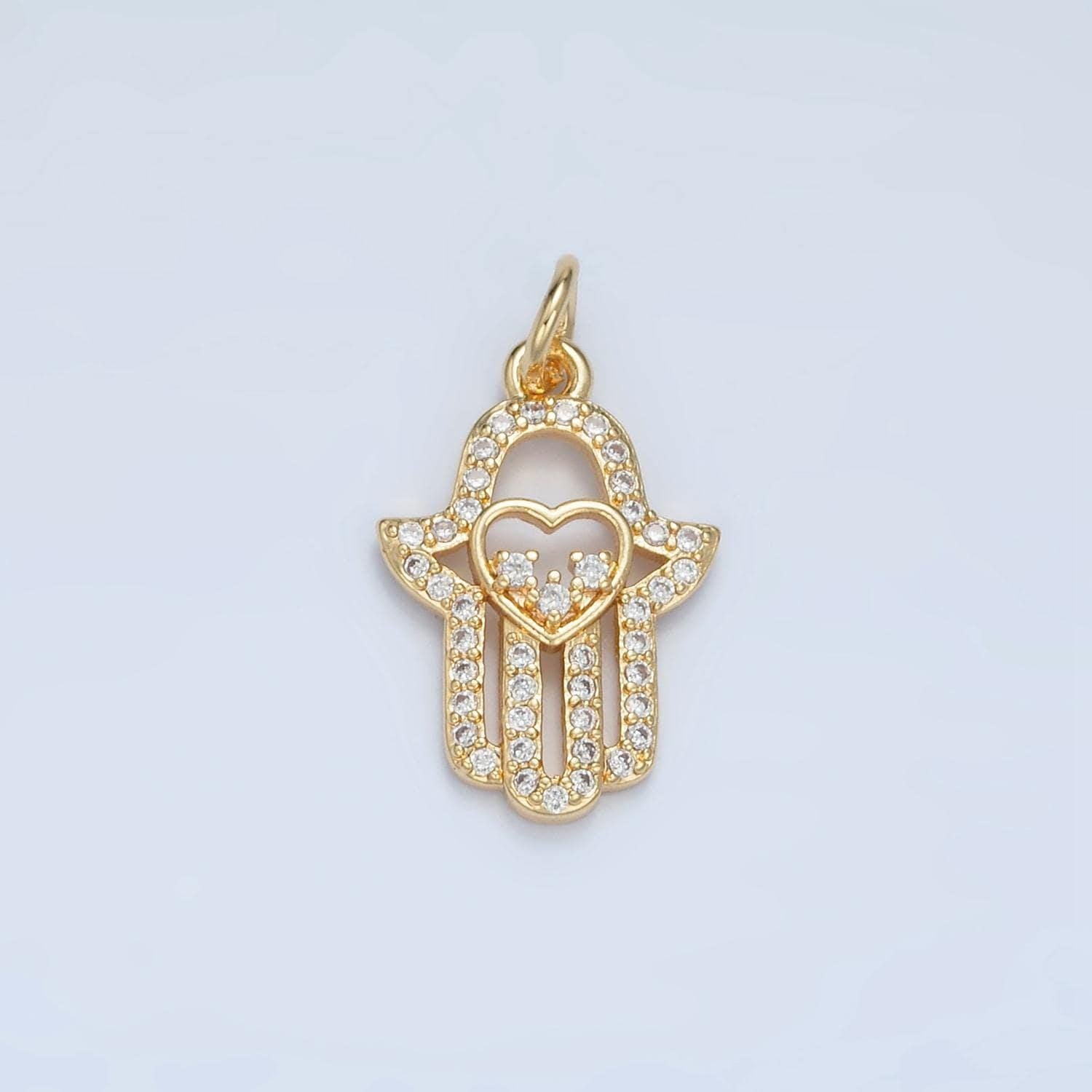 Hamsa hand open heart micro paved cz gold filled charm | e-740